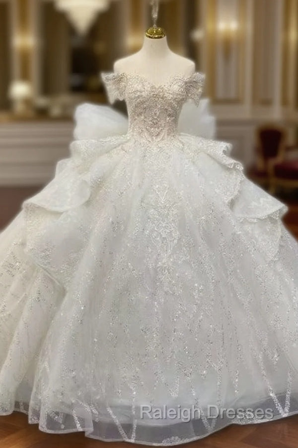 Champagne Ball Gown Sequins Gold Sequins Appliques Off the Shoulder Wedding Dress