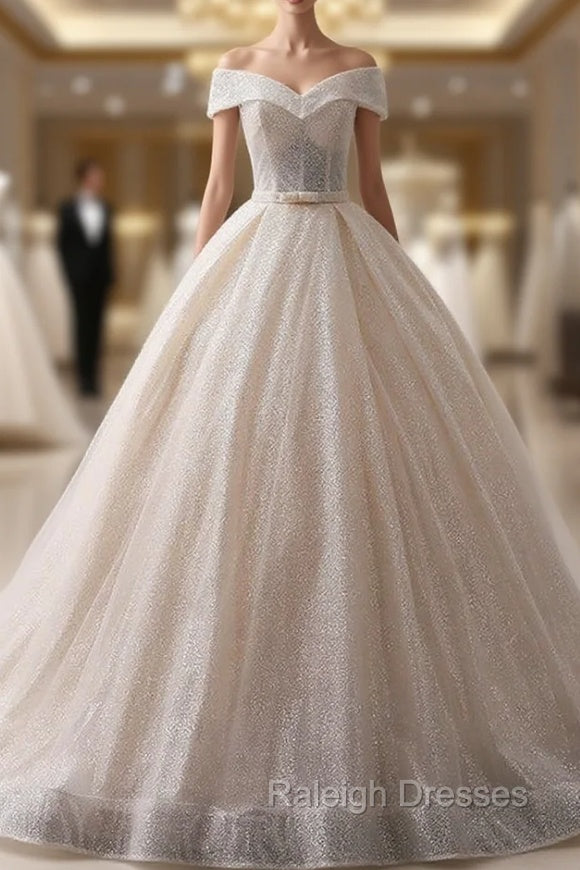 Champagne Ball Gowns Sequins Off The Shoulder Long Train Wedding Dress