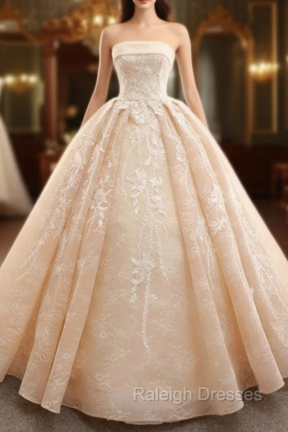 Champagne Ball Gown Strapless Lace Floor Length Wedding Dress Main image