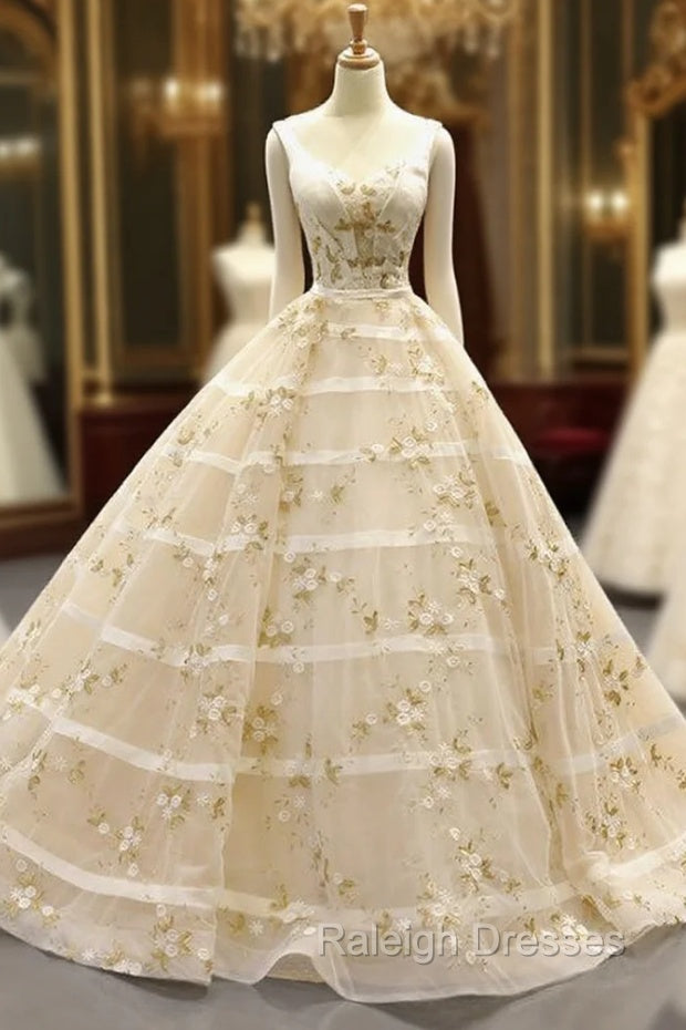 Champagne Ball Gown Straps Tulle Appliques Backless Sweet 16 Prom Dress