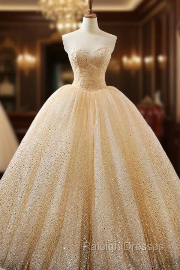 Champagne Ball Gowns Sweetheart Neck Sequins Wedding Dress