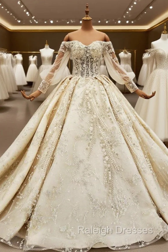 Champagne Ball Gowns Tulle Appliques Beading Sequins Off the Shoulder Wedding Dress Main image