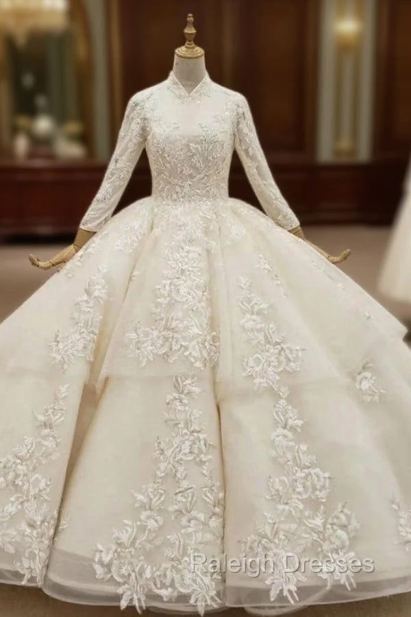 Champagne Ball Gowns Tulle Appliques Long Sleeve Wedding Dress