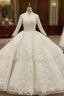 Champagne Ball Gowns Tulle Appliques Long Sleeve Wedding Dress
