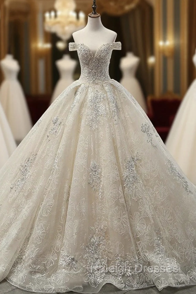 Champagne Ball Gowns Tulle Appliques With Beading Off The Shoulder Wedding Dress Main image