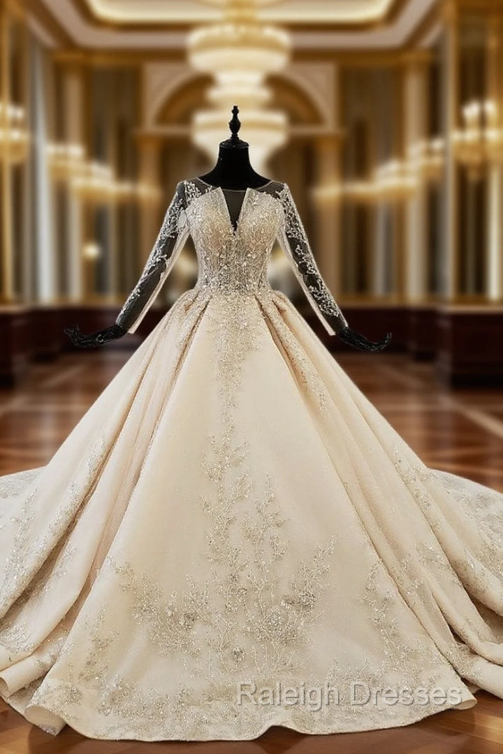 Champagne Ball Gowns Tulle Backless Sequins Long Sleeve Wedding Dress Main image