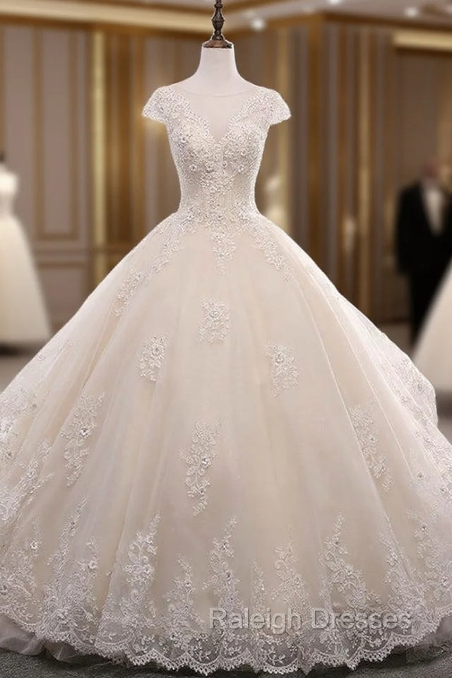 Champagne Ball Gown Tulle Beading Backless Wedding Dress