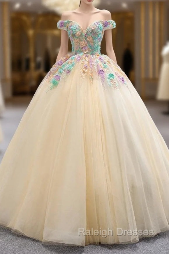 Champagne Ball Gown Tulle Colorful Appliques Prom Dress Main image