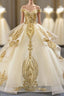 Champagne Ball Gown Tulle Gold Sequins Appliques Off the Shoulder Prom Dress