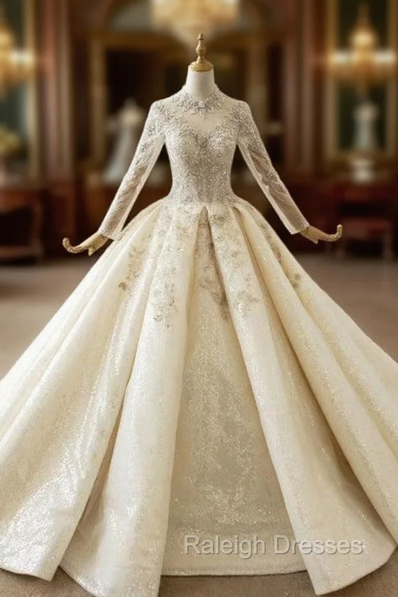 Champagne Ball Gowns Tulle High Neck Long Sleeve Beading Wedding Dress Main image