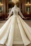 Champagne Ball Gowns Tulle High Neck Long Sleeve Beading Wedding Dress