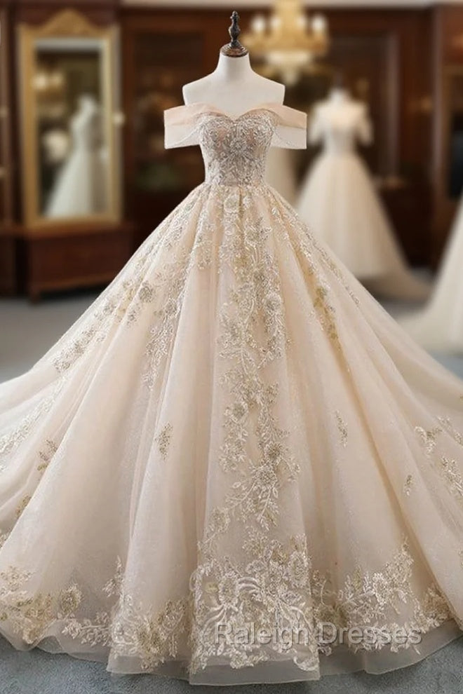 Champagne Ball Gown Tulle Lace Appliques Off The Shoulder Haute Couture Wedding Dress Main image