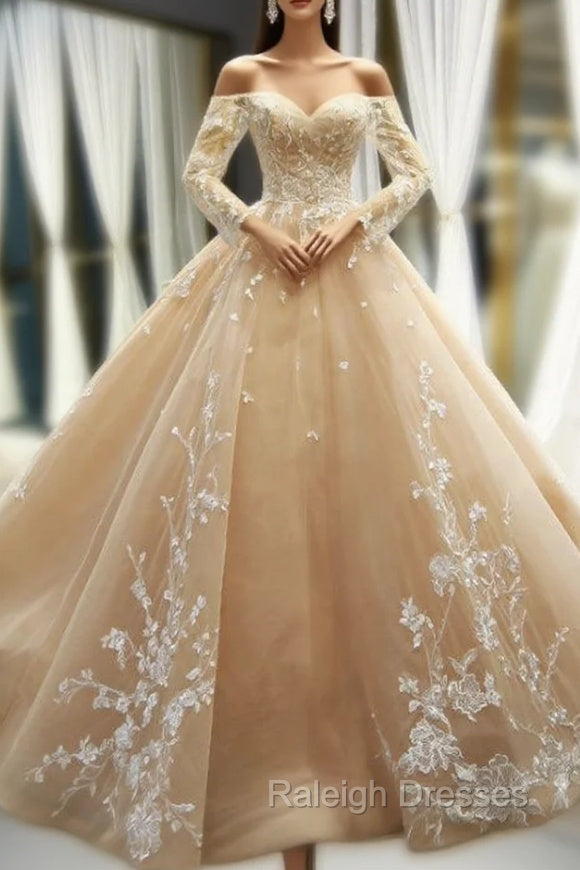 Champagne Ball Gown Tulle Lace Appliques Off The Shoulder Long Sleeve Prom Dress Main image