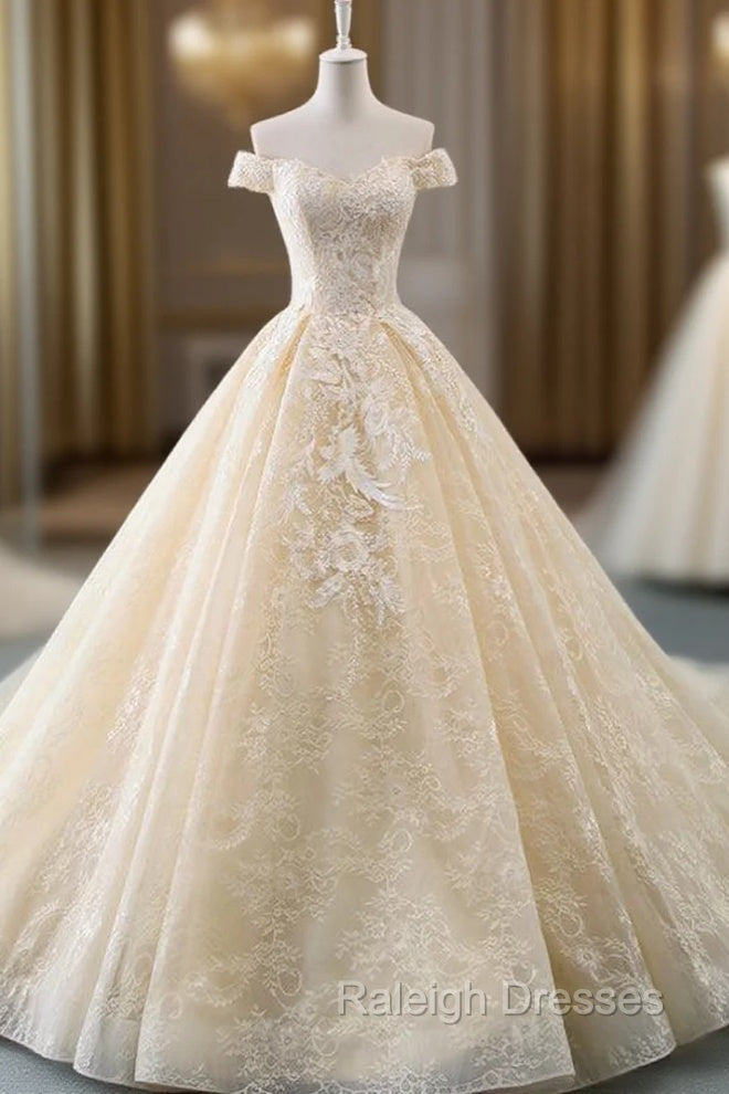 Champagne Ball Gown Tulle Lace Appliques Wedding Dress With Train Main image