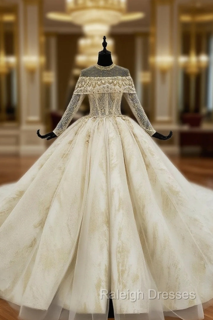 Champagne Ball Gown Tulle Lace High Neck Long Sleeve Backless Wedding Dressackless Wedding Dress