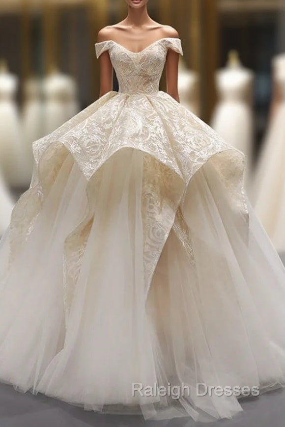 Champagne Ball Gown Tulle Lace Off The Shoulder Prom Dress Main image