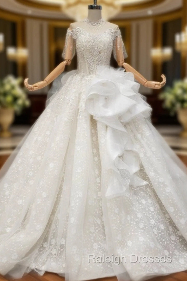Champagne Ball Gowns Tulle Lace Off the Shoulder Short Sleeve Wedding Dress Main image
