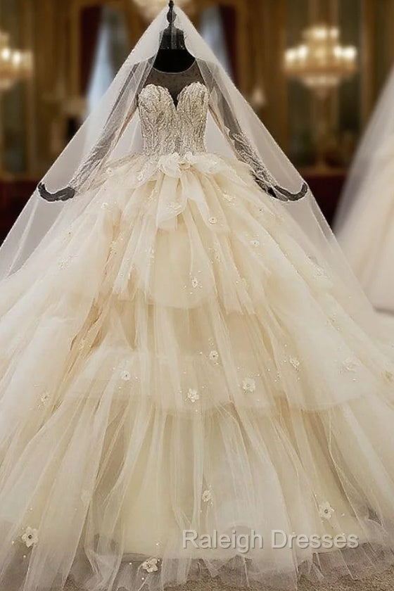 Champagne Ball Gowns Tulle Long Sleeve Appliques Beading Wedding Dress Main image