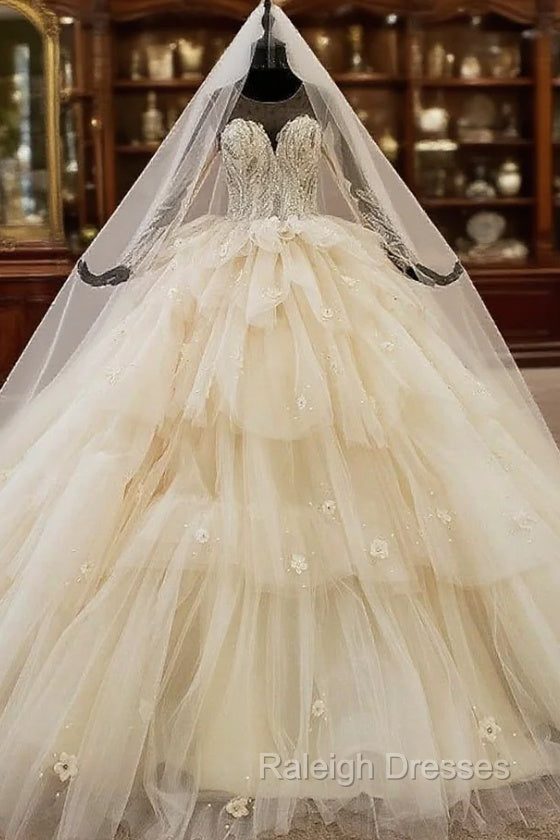 Champagne Ball Gowns Tulle Long Sleeve Tiers Beading Wedding Dress