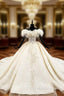 Champagne Ball Gown Tulle Off the Shoulder Appliques Beading Wedding Dress
