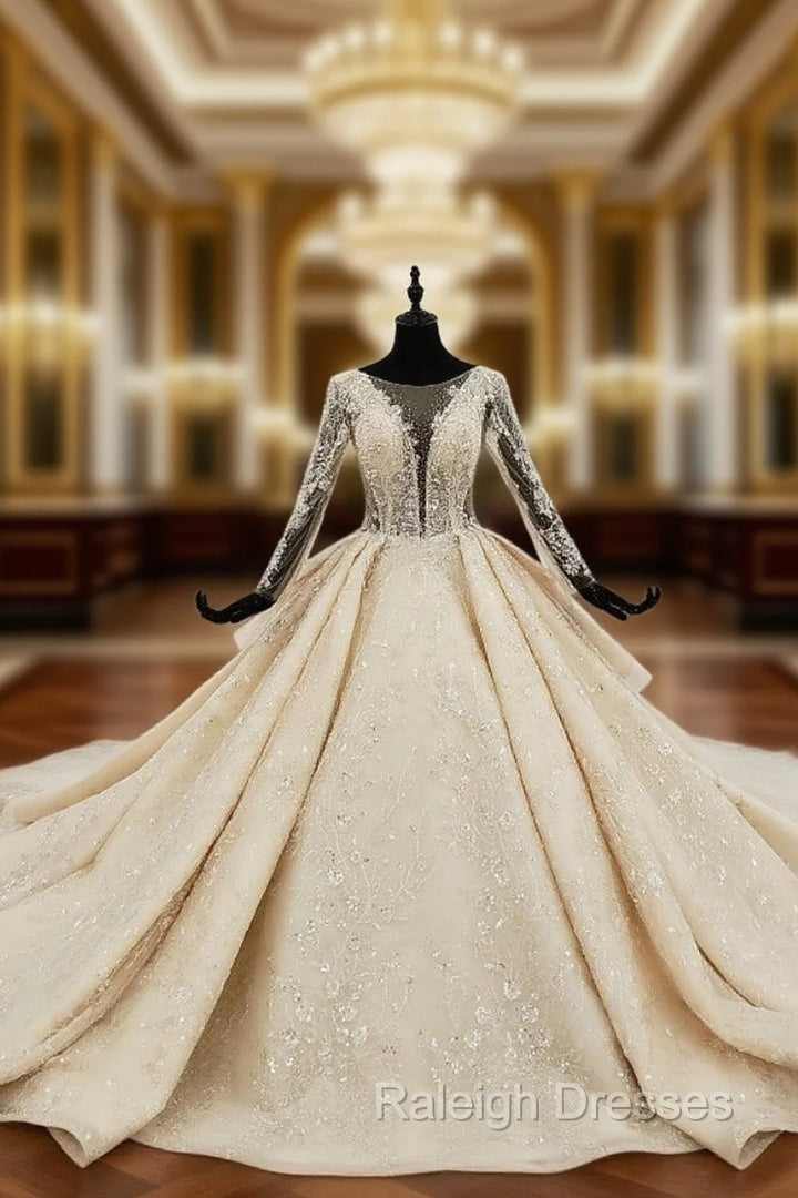 Champagne Ball Gown Tulle Sequins Appliques Long Sleeve Wedding Dress Main image