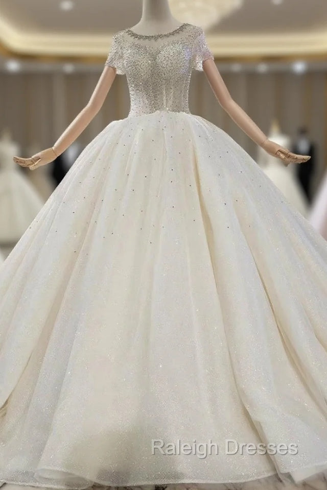 Champagne Ball Gowns Tulle Sequins Beading Short Sleeve Wedding Dress Main image