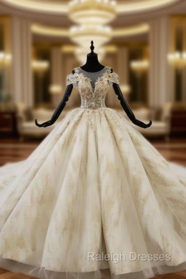 Champagne Ball Gown Tulle Sequins Beading Wedding Dress