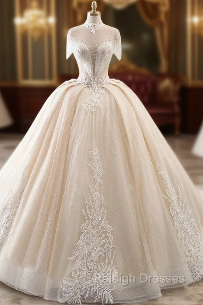 Champagne Ball Gowns Tulle Sequins High Neck Backless Wedding Dress Main image