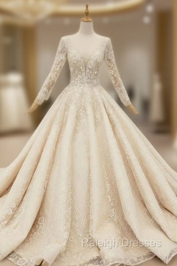 Champagne Ball Gown Tulle Sequins Long Sleeve Beading Wedding Dress Main image