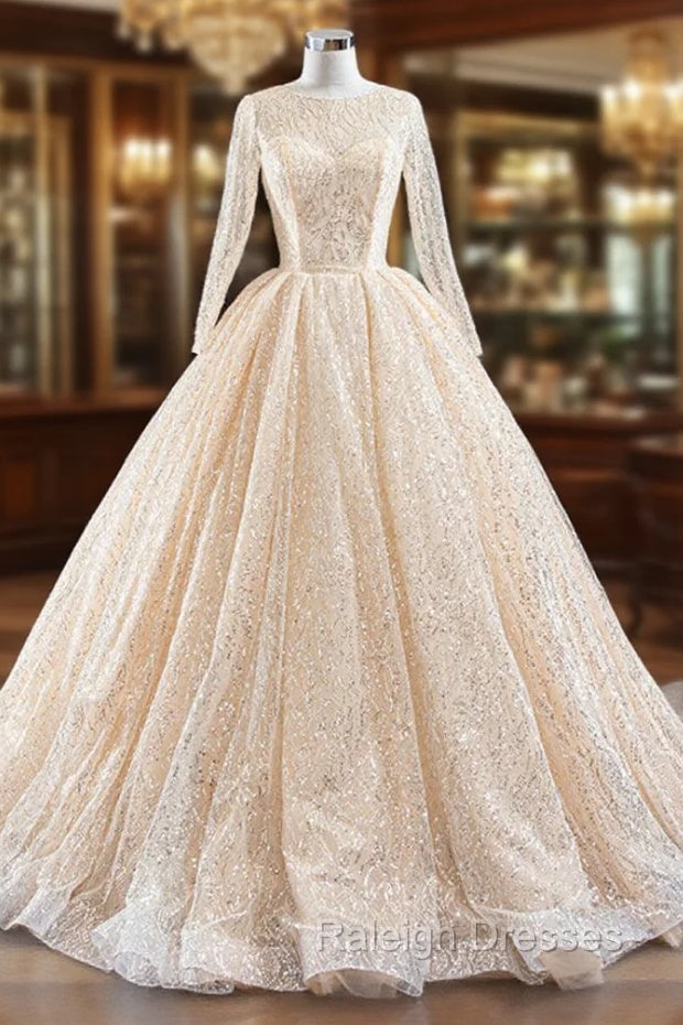 Champagne Ball Gown Tulle Sequins Long Sleeve Prom Dress