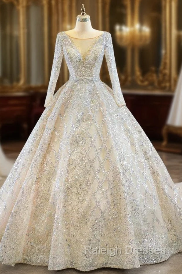 Champagne Ball Gown Tulle Sequins Long Sleeve Wedding Dress