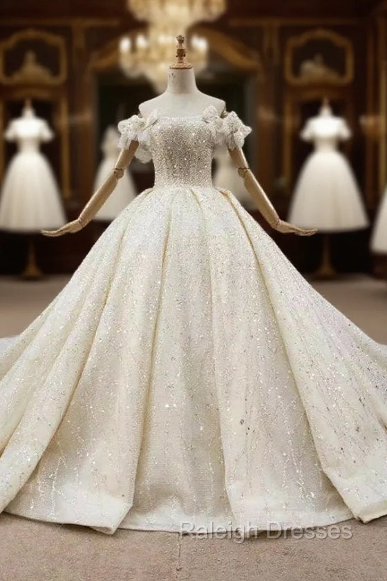 Champagne Ball Gowns Tulle Sequins Off the Shoulder Beading Long Wedding Dress Main image