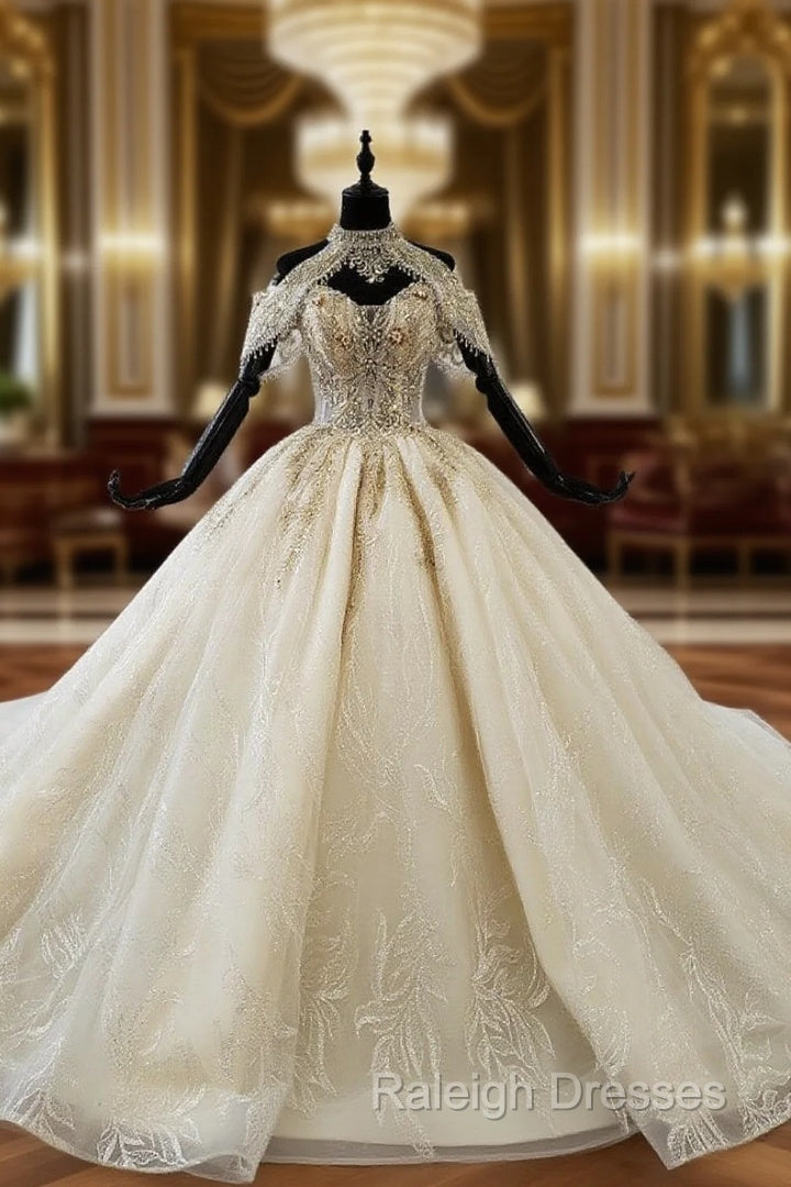 Champagne Ball Gowns Tulle Sequins Off the Shoulder Beading Luxury Wedding Dress