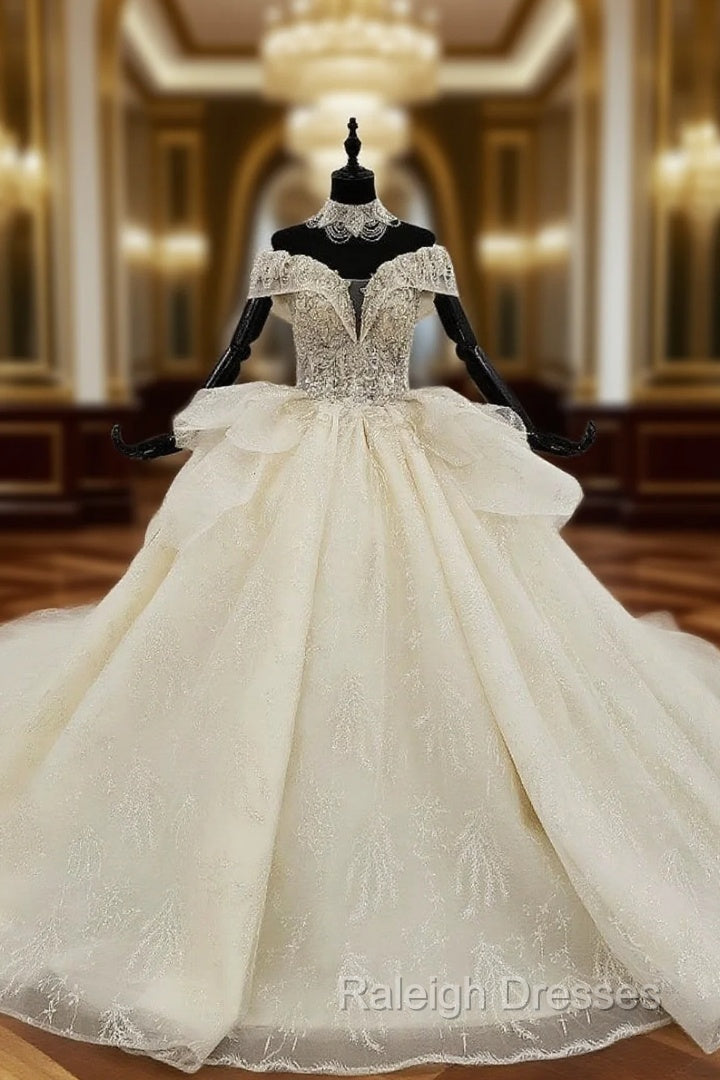 Champagne Ball Gown Tulle Sequins Off the Shoulder Wedding Dress With Beading Sequins Main image