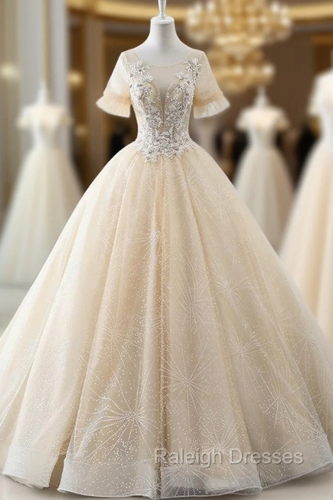 Champagne Ball Gown Tulle Short Sleeve Backless Wedding Dress With Beading