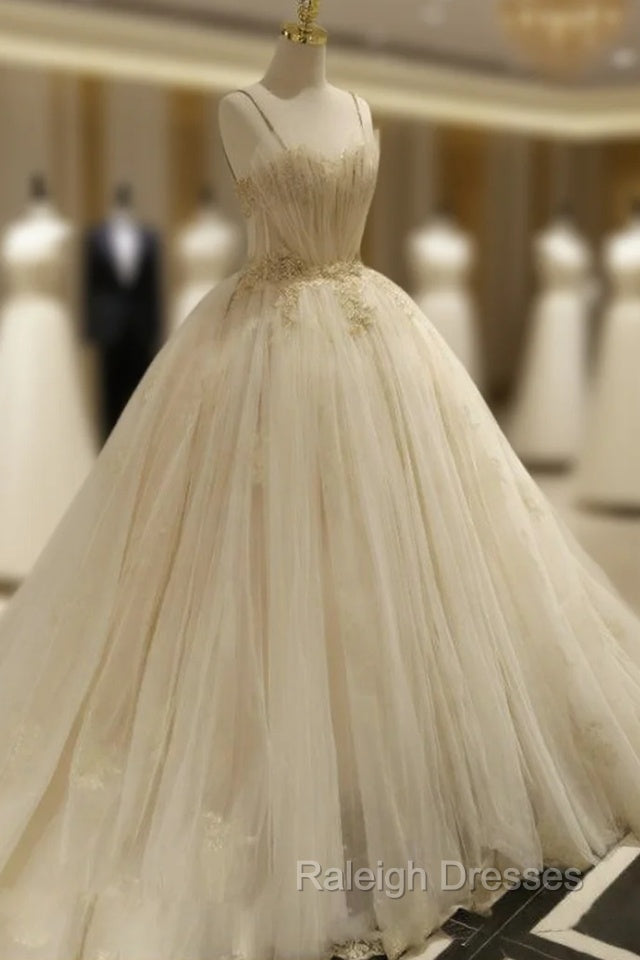 Champagne Ball Gown Tulle Spaghetti Straps Backless Wedding Dress Main image