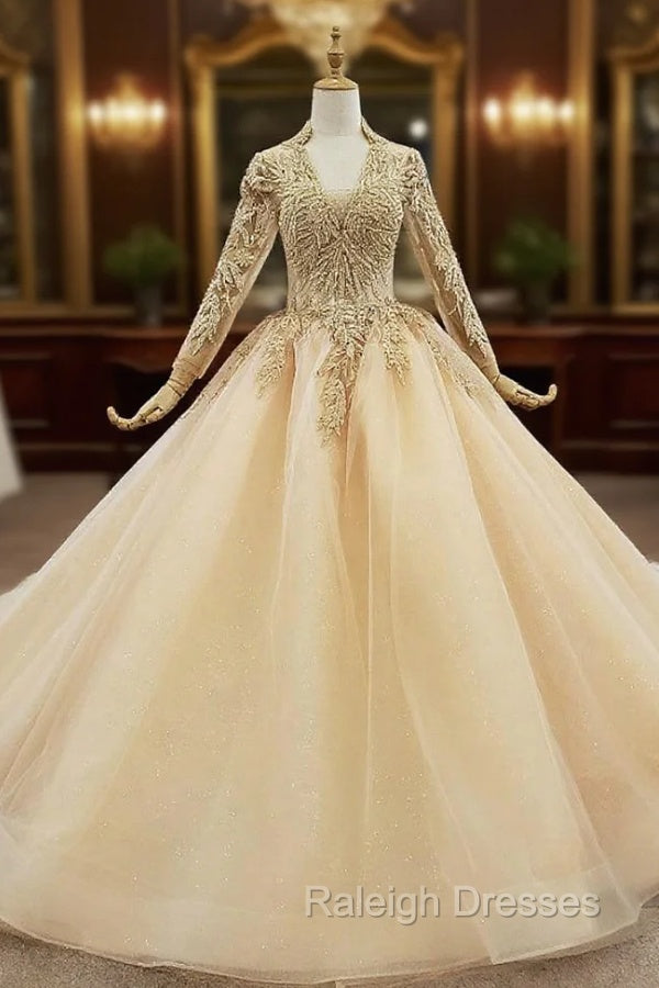 Champagne Ball Gown Tulle V-neck Long Sleeve Wedding Dress Wit Beading
