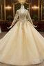 Champagne Ball Gowns Tulle V Neck Long Sleeve Wedding Dress Wit Beading