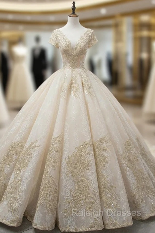 Champagne Ball Gowns V Neck Backless Tulle Appliques With Beaded Wedding Dress