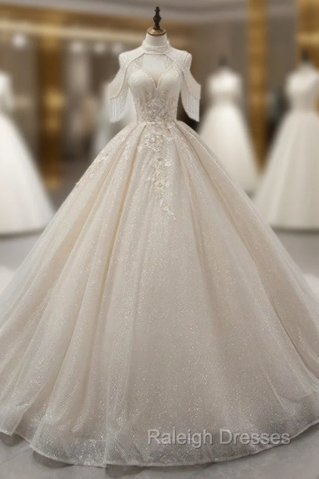 Champagne Ball Gowns V Neck Tulle Sequins Appliques Backless Wedding Dress