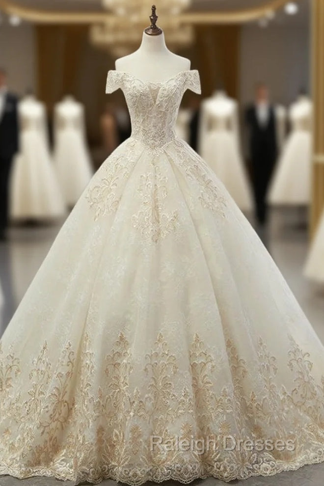 Champagne BallGowns Tulle Appliques Off The Shoulder Wedding Dress