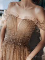 Champagne Beaded Tulle Straps Long Party Dresses, A-Line Tulle Formal Dresses Prom Dresses
