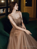 Champagne Beaded Tulle Straps Long Party Dresses, A-Line Tulle Formal Dresses Prom Dresses