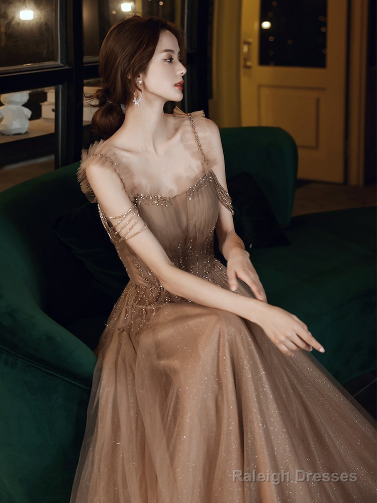 Champagne Beaded Tulle Straps Long Party Dresses, A-Line Tulle Formal Dresses Prom Dresses
