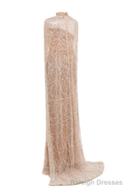 Champagne Beading Prom Dresses Sweep Train High Neck Zipper Sleeveless Evening Dresses