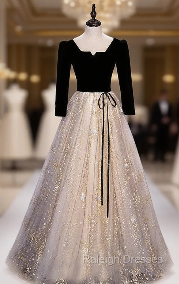 Champagne Black Tulle Short Sleeve Sequins prom Dress Main image