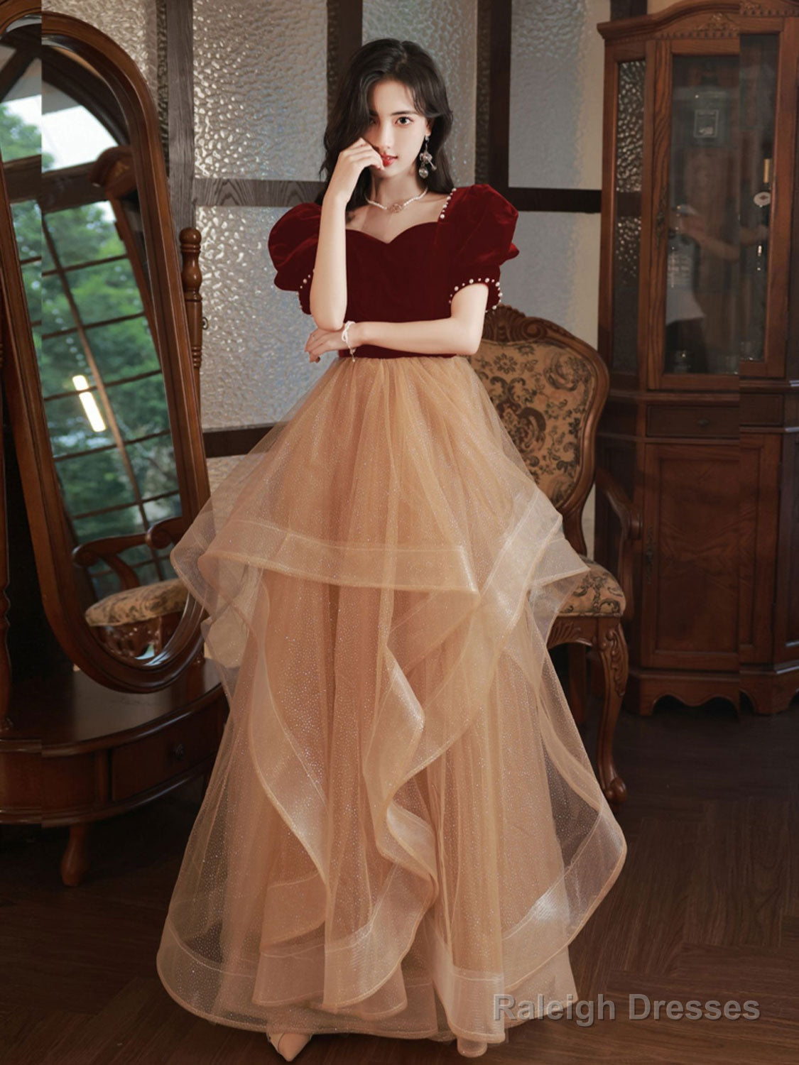 Champagne/Burgundy Tulle Long Prom Dresses, Champagne Formal Evening Dress Main image
