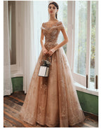 Champagne Cap Sleeves Tulle Long Prom Dresses New Style Prom Dresses Long Prom Dresses