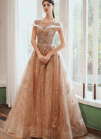Champagne Cap Sleeves Tulle Long Prom Dresses New Style Prom Dresses Long Prom Dresses