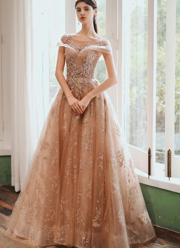 Champagne Cap Sleeves Tulle Long Prom Dresses New Style Prom Dresses Long Prom Dresses